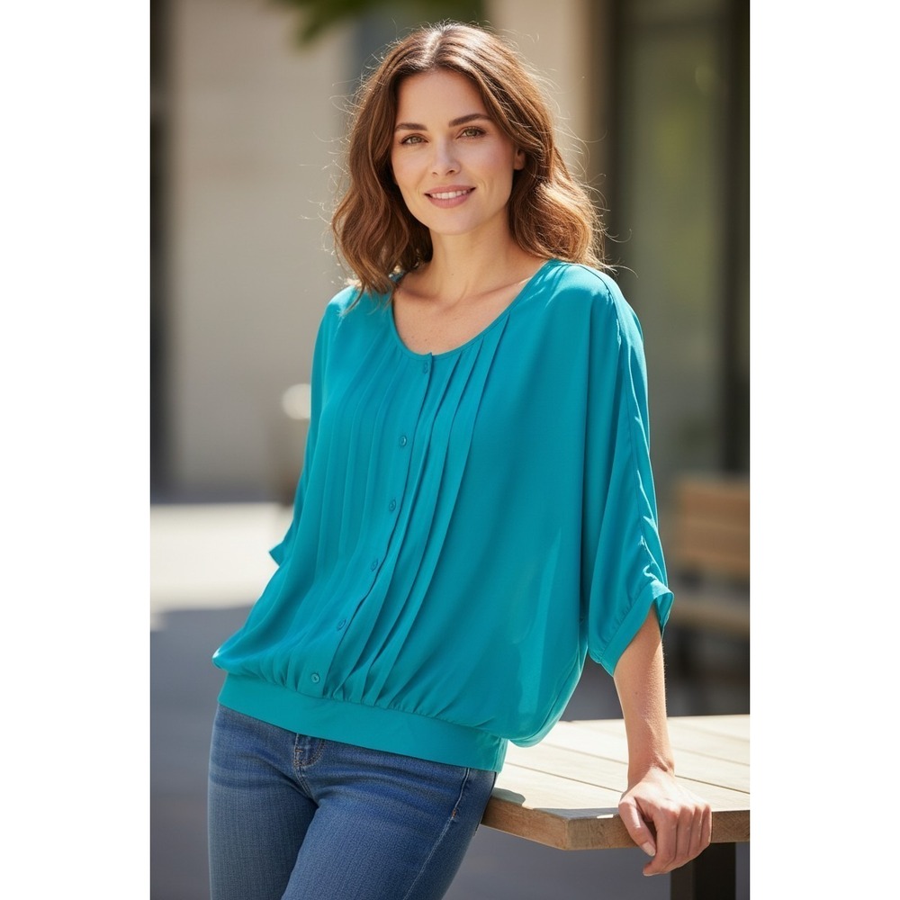 Loft Womens Teal Blue Pleated Button Front Smocked Hem Dolman Blouse Size M